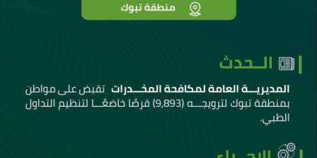 مكافحة المخدرات تقبض على شخص بمنطقة تبوك لترويجه 9,893 قرصًا خاضعًا لتنظيم التداول الطبي - عرب بريس