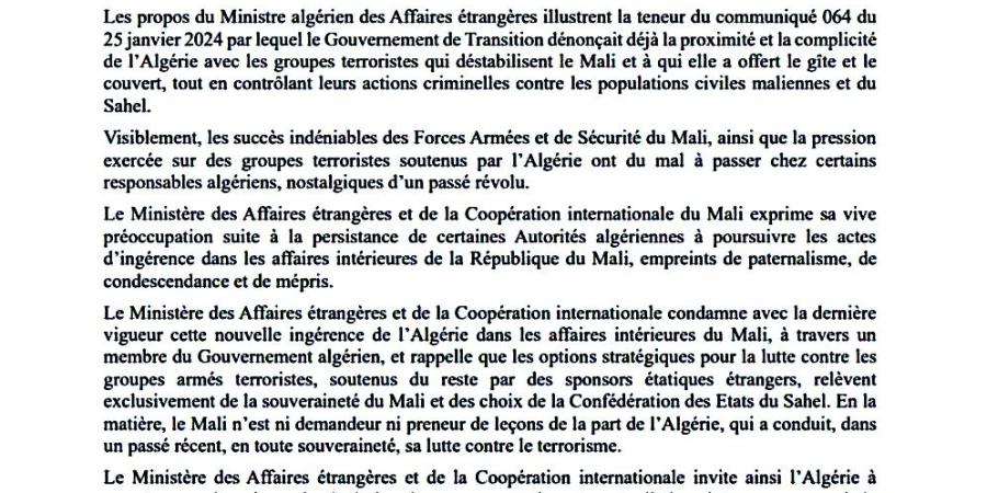 في بيان شديد اللهجة.. مالي تدين تدخل الجزائر في شؤونها الداخلية وتفضح دعم الكابرانات المتواصل لجماعات إرهابية - عرب بريس