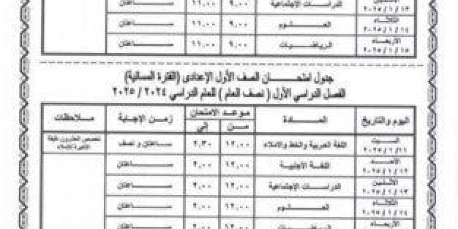 بالمحافظات.. جداول امتحانات الصف الأول الإعدادي 2025 - عرب بريس