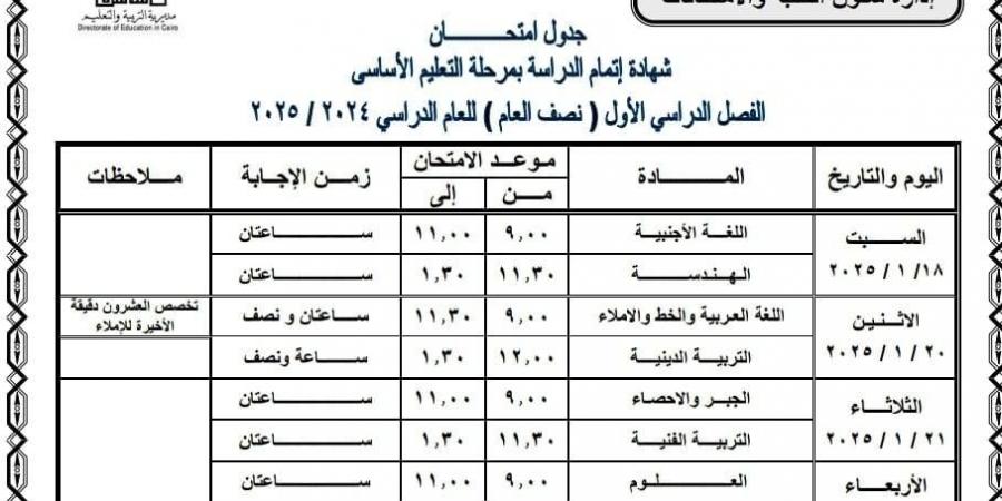 جداول امتحانات المحافظات الترم الأول لطلاب الشهادة الإعدادية  - عرب بريس